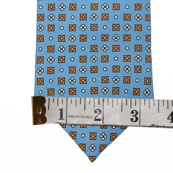 Drake's NWT Neck Tie in Light Blue with Orange/White Geometric Pattern 100% Silk